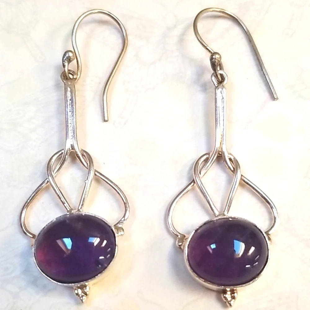 Hand Crafted Amethyst .925 Sterling Silver Hook Pierced Earrings